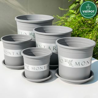 Chậu nhựa trồng cây VIETPOT, màu XÁM Montario, trồng hoa, kiểng lá, để nhà, sân vườn, ban công.