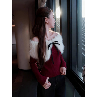  Áo Trễ Vai Tay Dài Phối Lông Đính Nơ  rời  TIBU Áo Kiểu Nữ Dễ Thương Xinh Xắn Đi Chơi Dạo Phố Tết Noel A678 