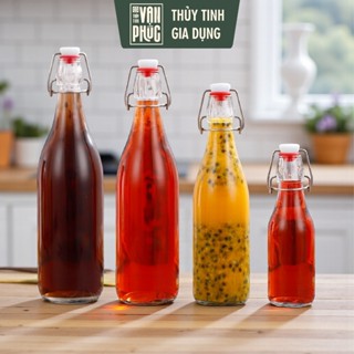 [Loại Dày, Nắp Kín] Chai Thủy Tinh Nắp Cài (Gài) Dáng Tròn/Vuông 250ml 500ml 750ml 1000ml