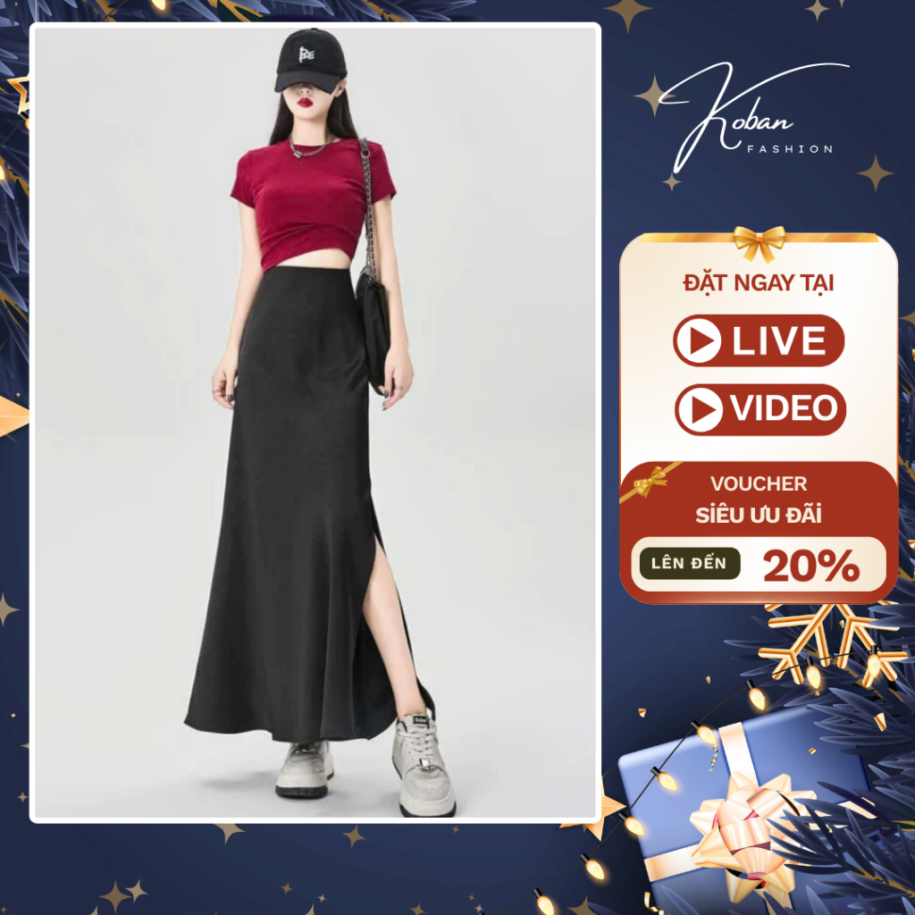 [KA25] Chân váy lụa dài xẻ tà KOBAN, chân váy dáng dài xẻ tà, ôm eo, tôn dáng, thời trang mặc đi học