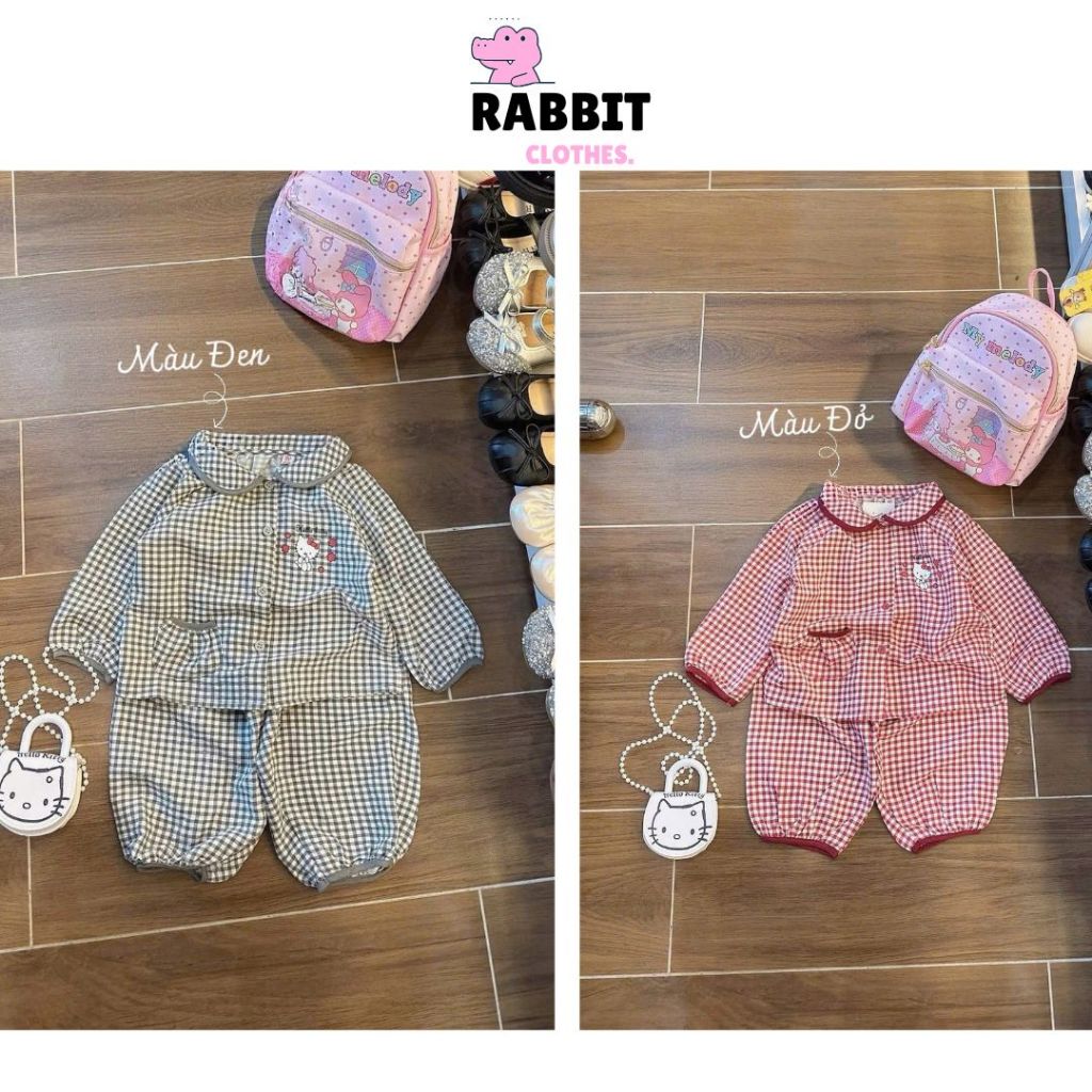 RabbitClothes Đồ bộ bé gái, Pijama cho bé gái, Set pijama Hello Kitty kẻ caro phối bèo phong cách ti