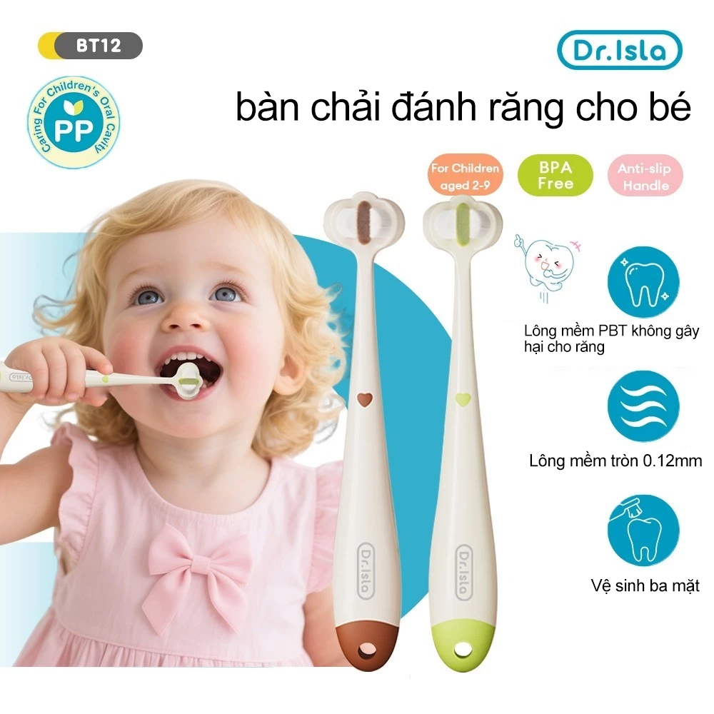 bàn chải đánh răng cho bé Dr.isla vật liệu PP BPA Free lông bàn chải mềm thích hợp cho trẻ em từ 2 đến 9 tuổi BT12