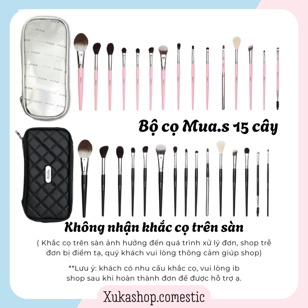 [Bộ cọ Muas 15 cây] Bộ cọ Muas Accessories 15 cây thân đen, hồng và thân gỗ chất lông mền mịn makeup