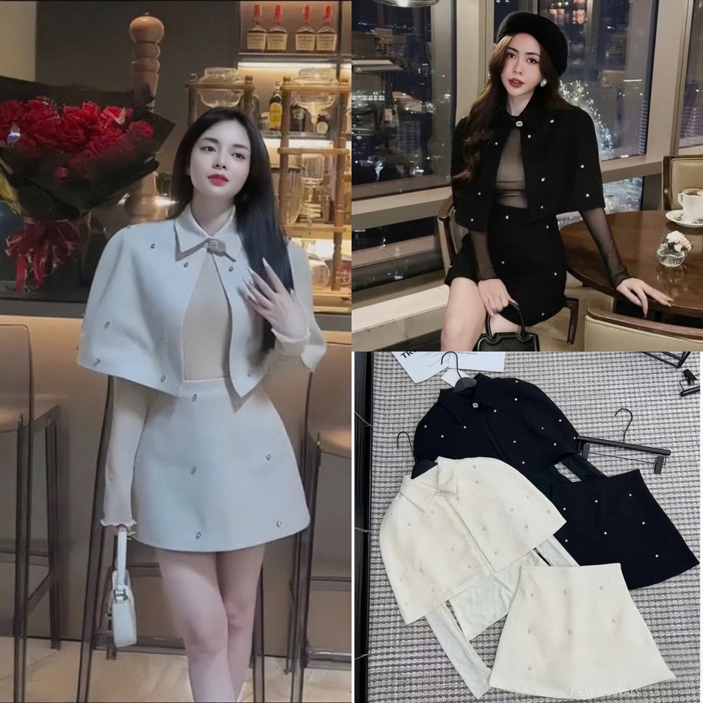 [Ảnh Thật/Video]: Set Váy Dạ Đính Đá 3 Món: Áo Dạ Choàng Cổ Sơ Mi + Áo Len Tăm Co Dãn + Chân Váy A C