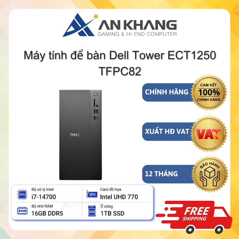 Máy tính để bàn Dell Tower ECT1250 TFPC82 (i7-14700, 16GD5, 1TSSD, W11SL) Chính hãng Bảo hành 12 Thá