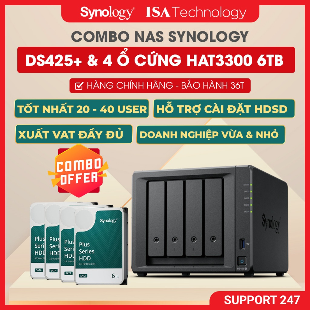 [COMBO] Nas Synology ds425+ kèm 4 ổ cứng Synology HAT 3300 6TB thiết bị lưu trữ mạng chính hãng