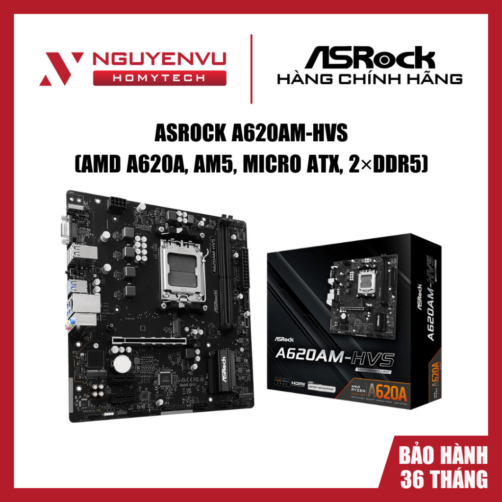 [FULL VAT] Mainboard Asrock A620AM-HVS, AMD A620A, AM5, Micro ATX, 2×DDR5 - Hàng chính hãng