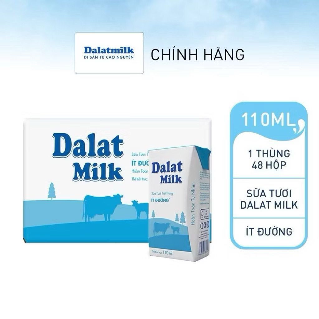 Thùng 48 hộp sữa tươi tiệt trùng ít đường DalatMilk ít đường 110ml (110ml x 48h)