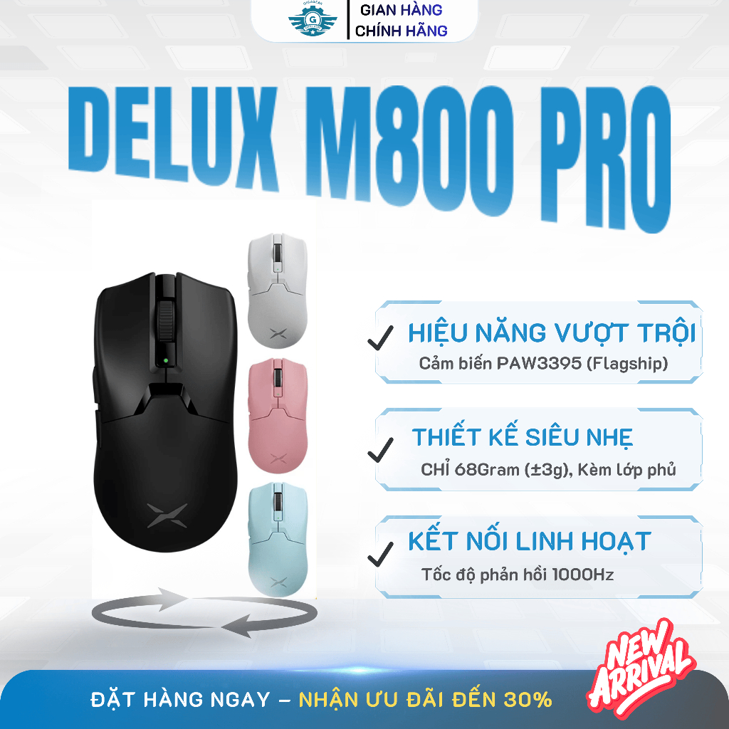 ⚡DELUX M800 PRO/Ultra Chuột Gaming Không Dây Siêu Nhẹ 68g, Sensor PAW3395, Pin 80H, Feet PTFE, FPS