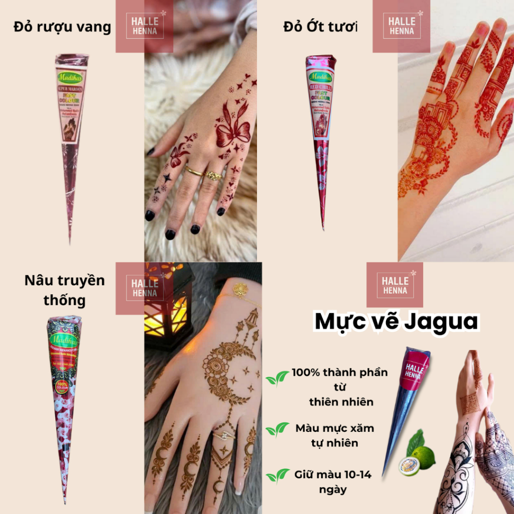 Mực Henna Jagua 4 Màu Siêu Bền Màu 10-14 Ngày