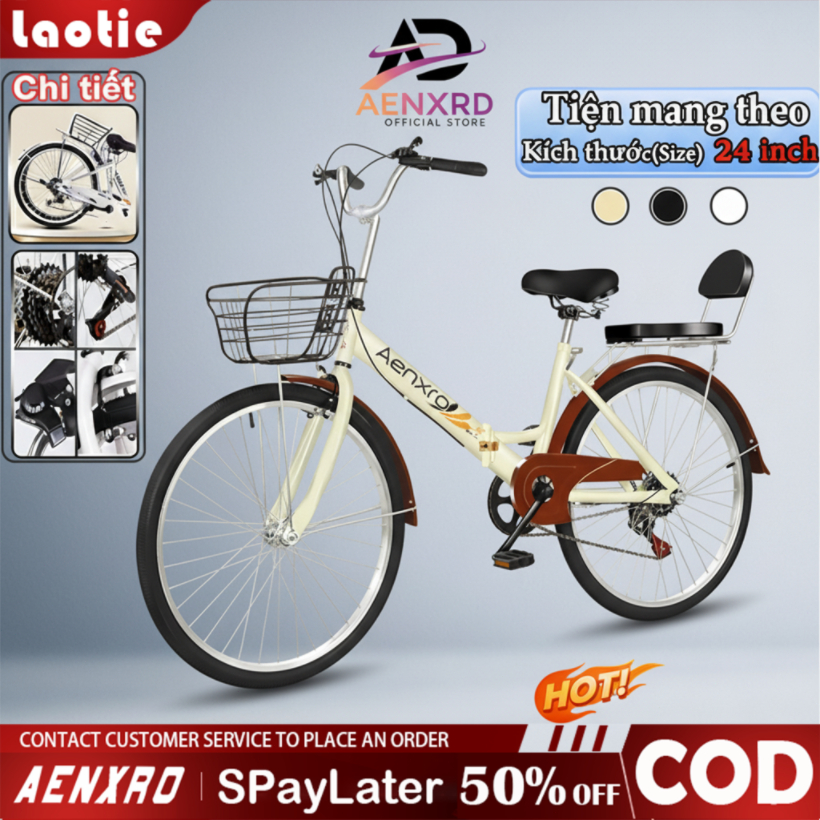 Xe đạp gấp cho gia đình 24/26 inch nữ yên xe thoải mái có giỏ 7 tốc độ phong cách cổ điển