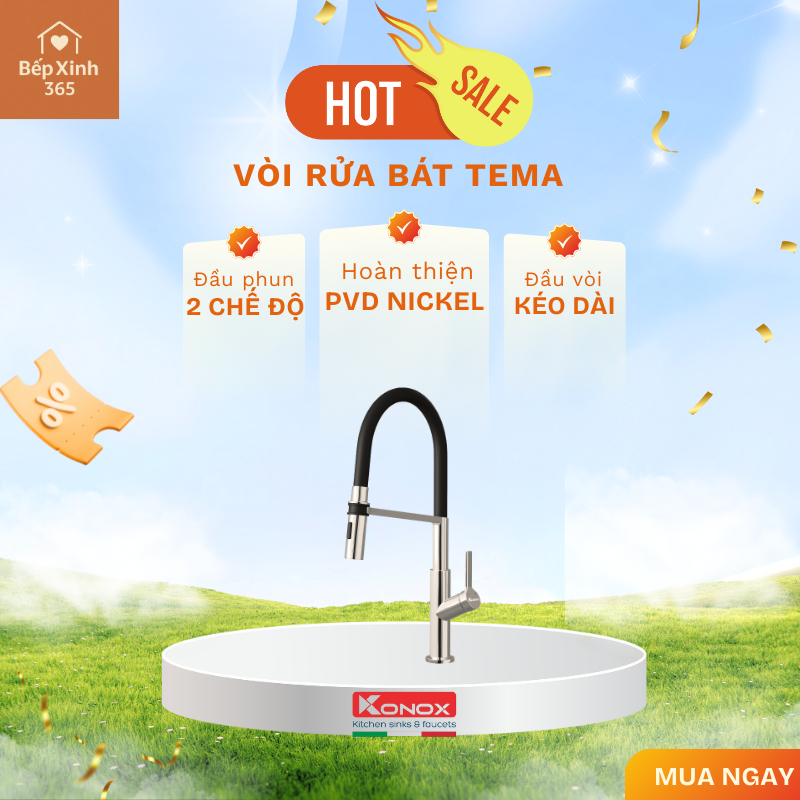 Vòi rửa bát Konox thân mềm Tema Nickel xoay 360 độ linh hoạt chống gỉ sét, bảo hành 5 năm