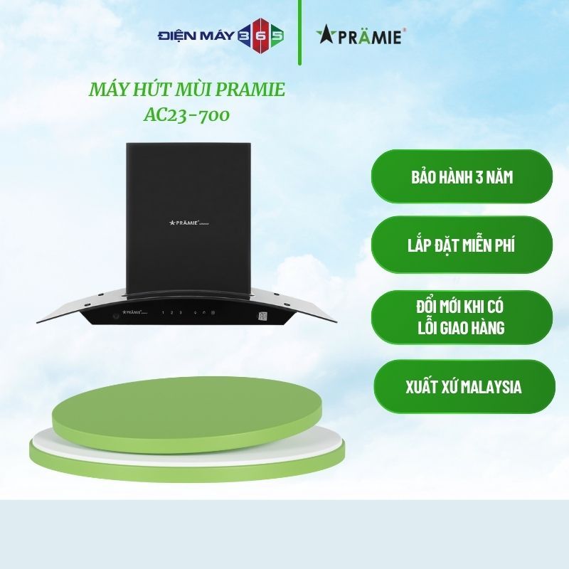 Pramie AC23-700 – Máy hút mùi kính cong cao cấp, công suất 1100 m³/h, động cơ đôi mạnh mẽ
