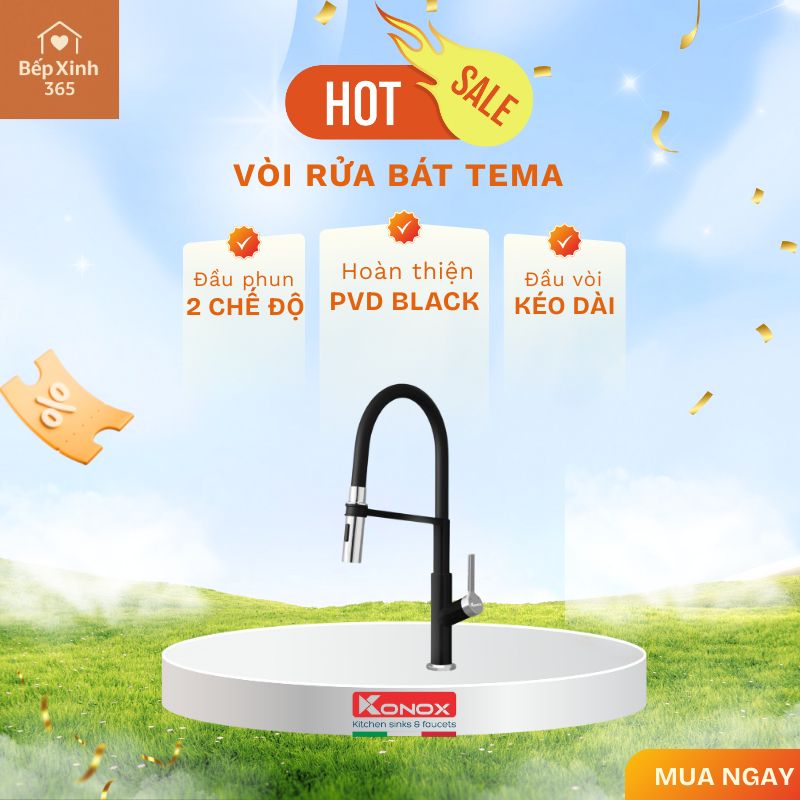 Vòi rửa bát Konox thân mềm Tema Black kéo dài tiện lợi, bảo hành 5 năm