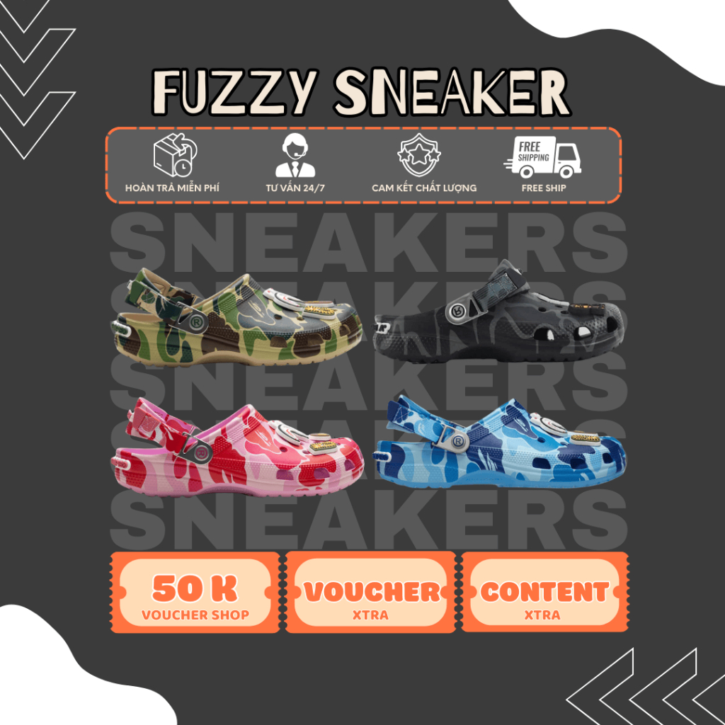 [Best Quality] Dép_Crocs Clog Classic x Bape Clog ABC Camo Bape ss2025 Full Túi Zip.