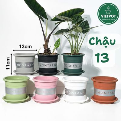 Chậu nhựa trồng cây VIETPOT, size 13x11cm, hoa văn MONTARIO, trồng hoa kiểng, để sân vườn, bàn