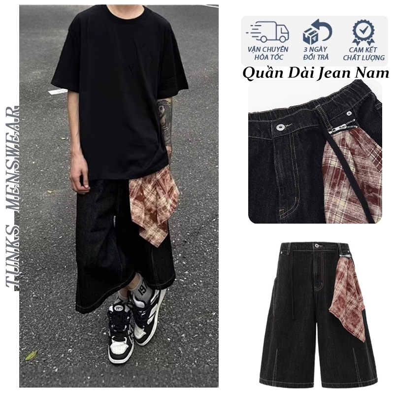 Quần Short Jeans Qua Gối Ống Rộng Retro Form Cạp Cao Unisex, Quần Lững Ống Rộng Nam Nữ Retro Kiểu Mỹ