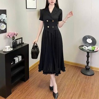 Đầm dài chất thun lò xo dập ly phối voan lụa cao cấp, thiết kế cổ V thanh lịch - 55KG.LINH