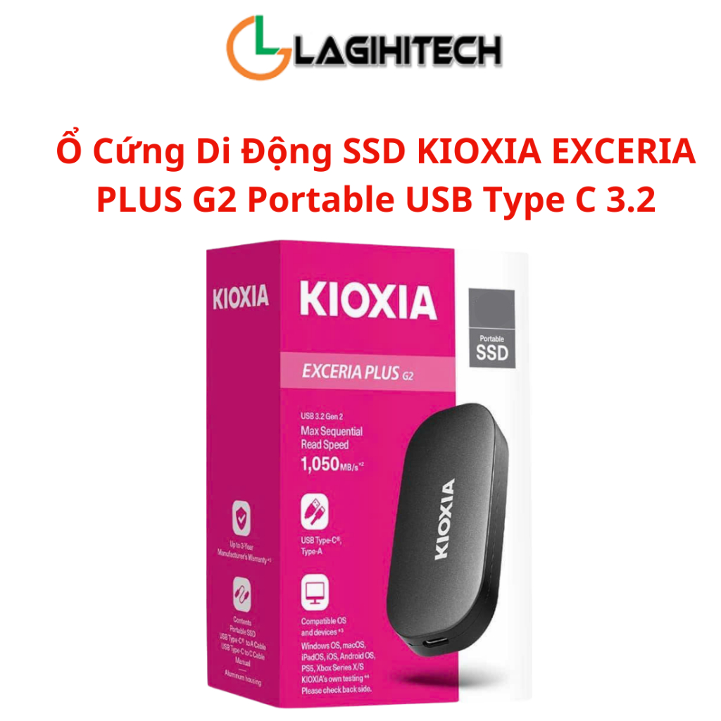 Ổ Cứng Di Động SSD KIOXIA EXCERIA PLUS G2 Portable 1TB / 2TB USB Type C 3.2 - Bảo Hành 36 Tháng