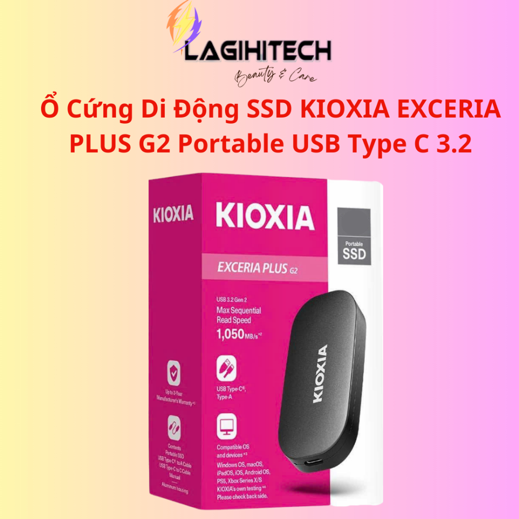 Ổ Cứng Di Động SSD KIOXIA EXCERIA PLUS G2 Portable 1TB / 2TB USB Type C 3.2 - Bảo Hành 3 Năm