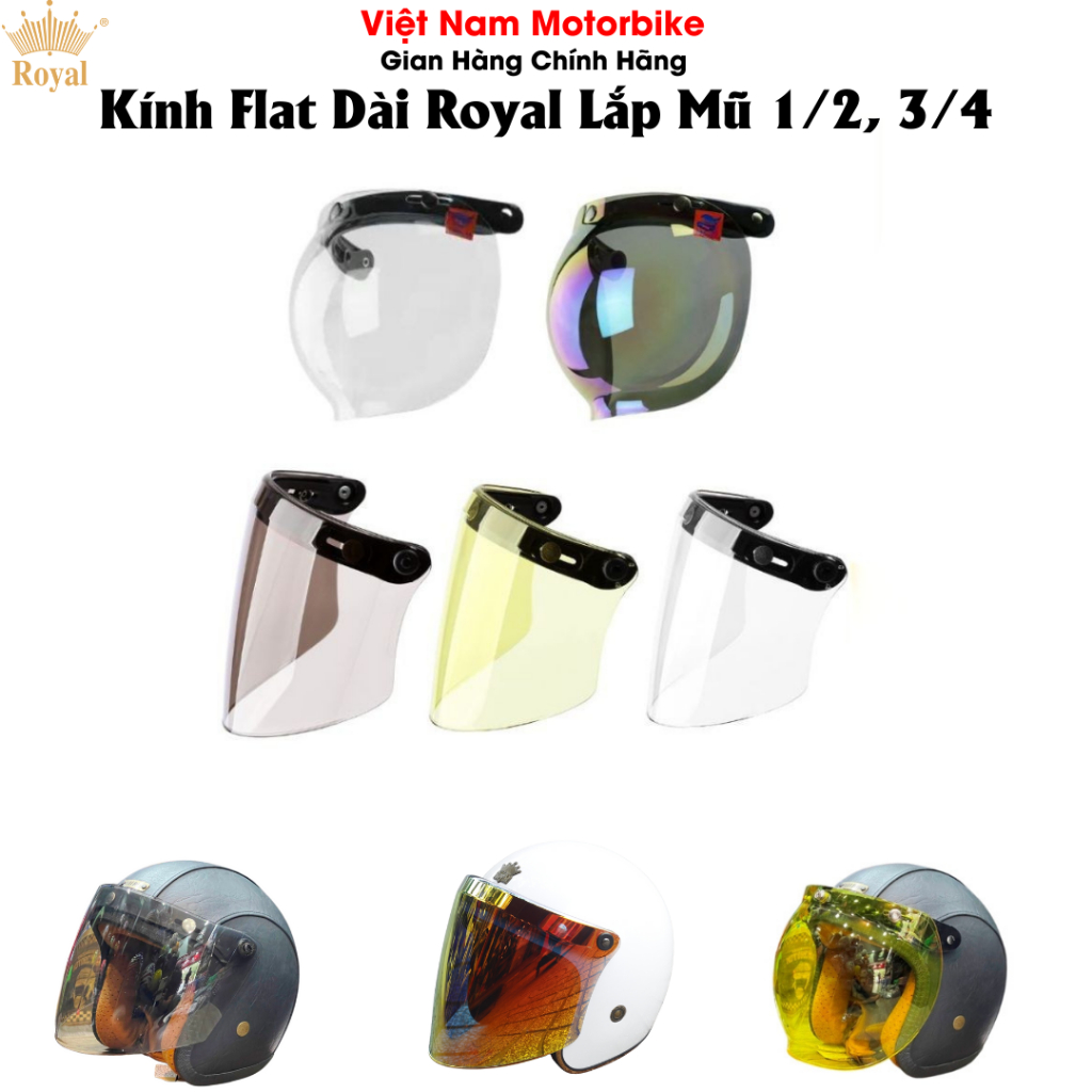 Kính Gắn Mũ Bảo Hiểm 1/2 và 3/4 Royal / Bogo Nhiều Màu (Bubble, Kính Dài, Phi Công) Chống Lóa UV
