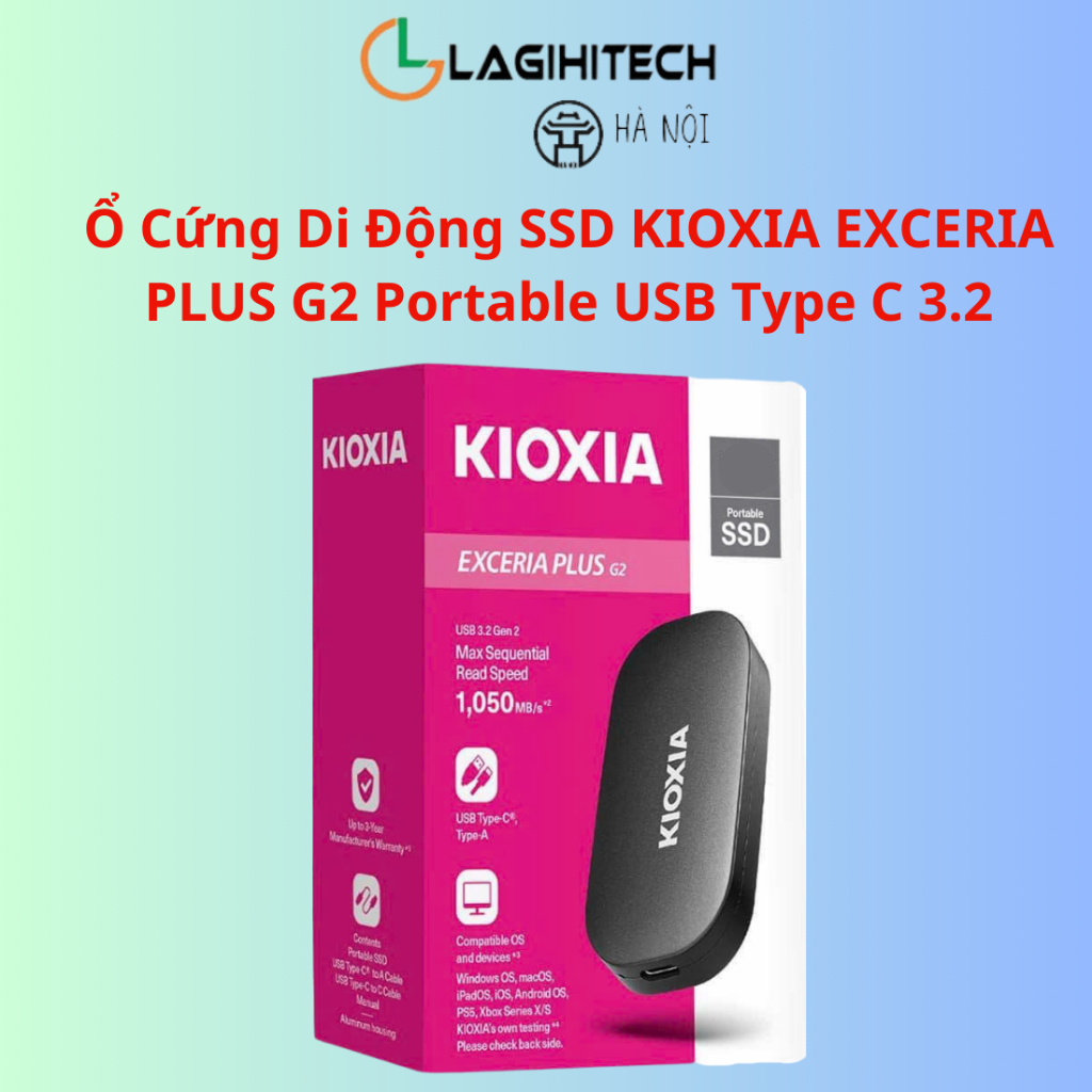 Ổ Cứng Di Động SSD KIOXIA EXCERIA PLUS G2 Portable 1TB / 2TB USB Type C 3.2 - Bảo Hành 36 Tháng