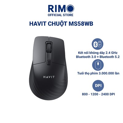 Chuột không dây Havit MS58WB kết nối 2.4GHz + Bluetooth 3.0 & 5.2 DPI 800-1200-2400 Silient