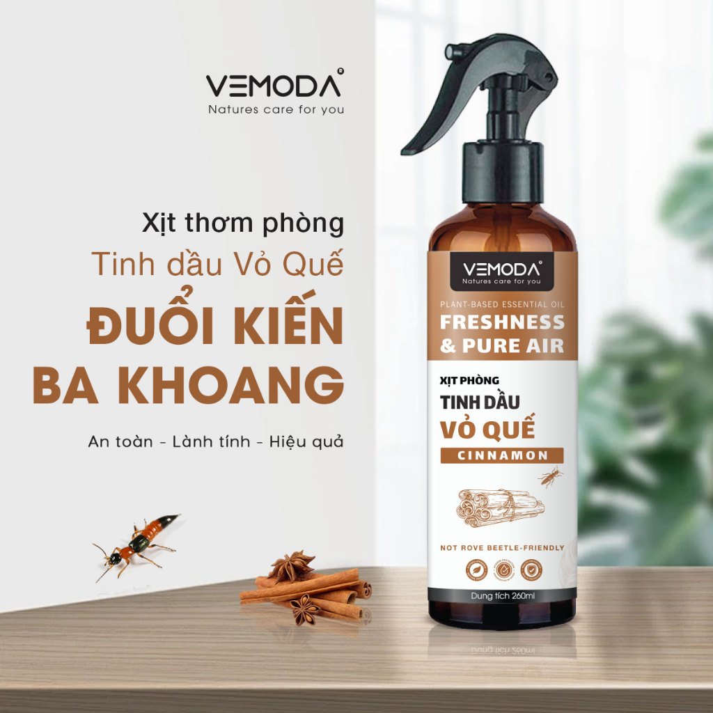 Xịt phòng tinh dầu Vỏ Quế giúp hỗ trợ xua đuổi Kiến Ba Khoang, khử mùi, làm thơm phòng, đuổi côn trùng