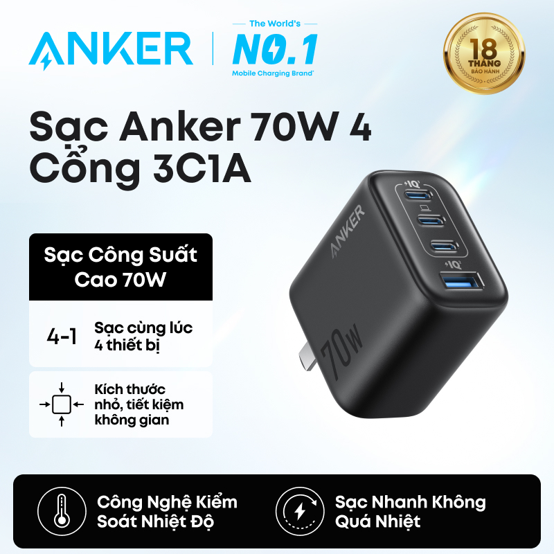 Sạc 4 Cổng Anker Zolo 70W - A121C, Anker Zolo Charger (70W, 4-PORT, PD 3.0)