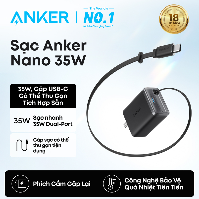 Anker Nano USB C Charger Block, 35W Max 2-Port Compact Charger with Built-in Anker InstaCord Retract