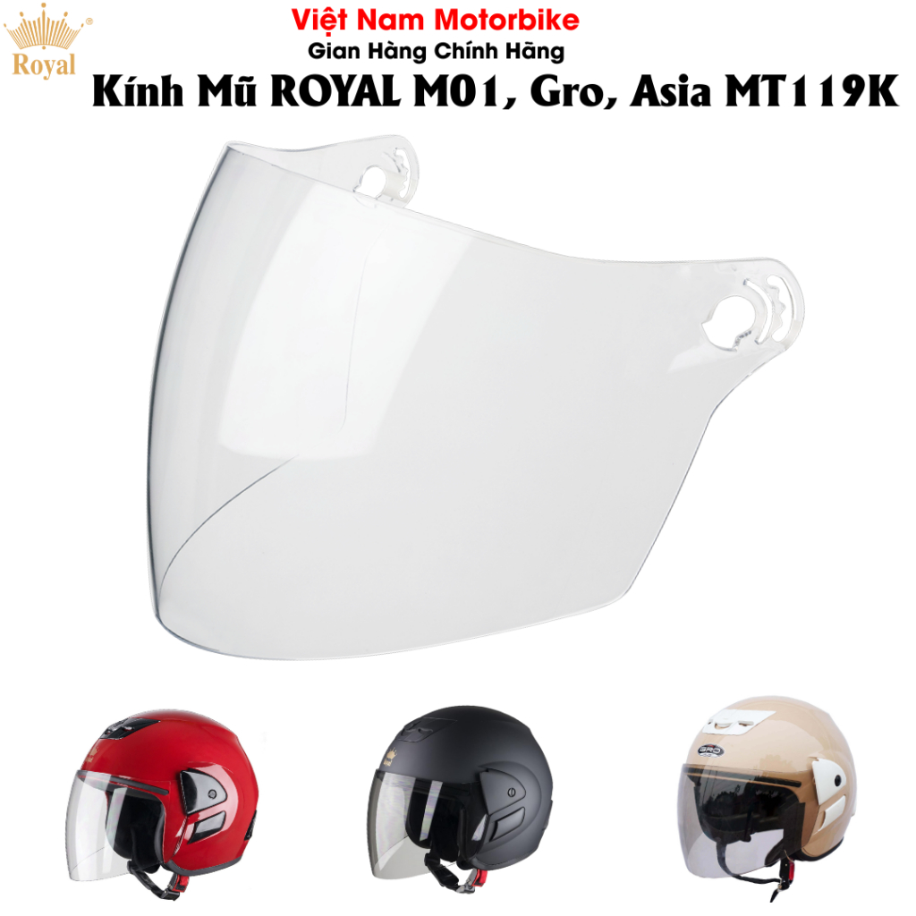Kính Thay Thế Mũ Bảo Hiểm 3/4 Royal M01/Asia MT119/Gro/Honda, Chất Liệu PC Chống Xước, Lóa