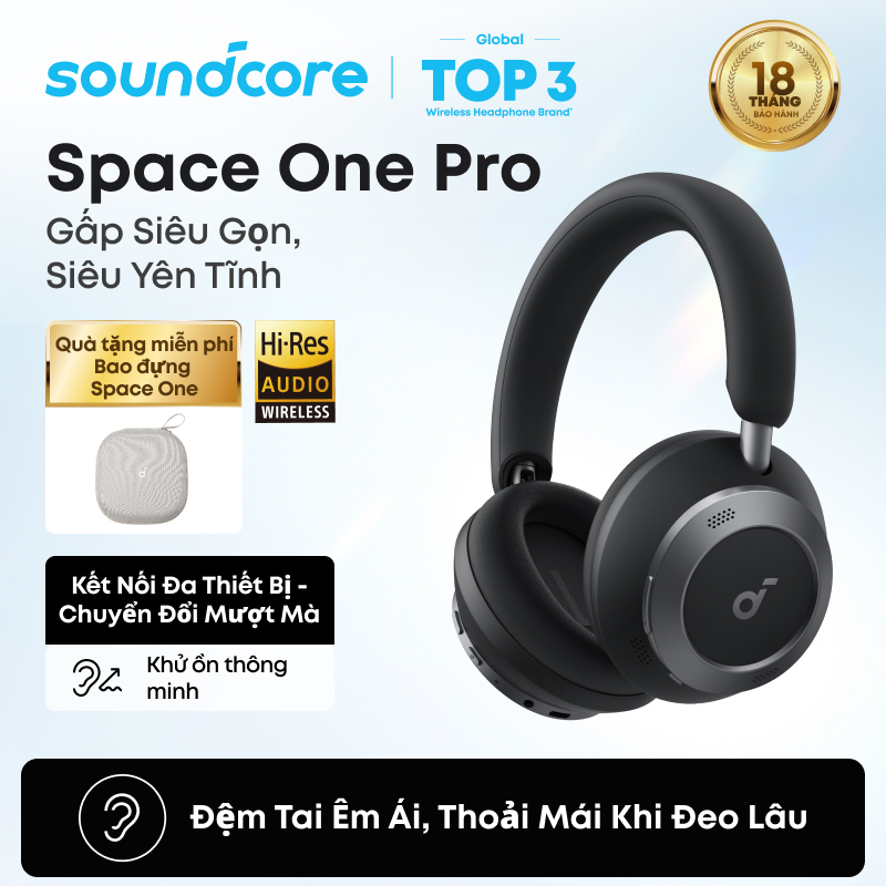 Soundcore Space One Pro by Anker Tai nghe chụp tai chống ồn chủ động thích ứng Hi-Res Thiết kế siêu gập