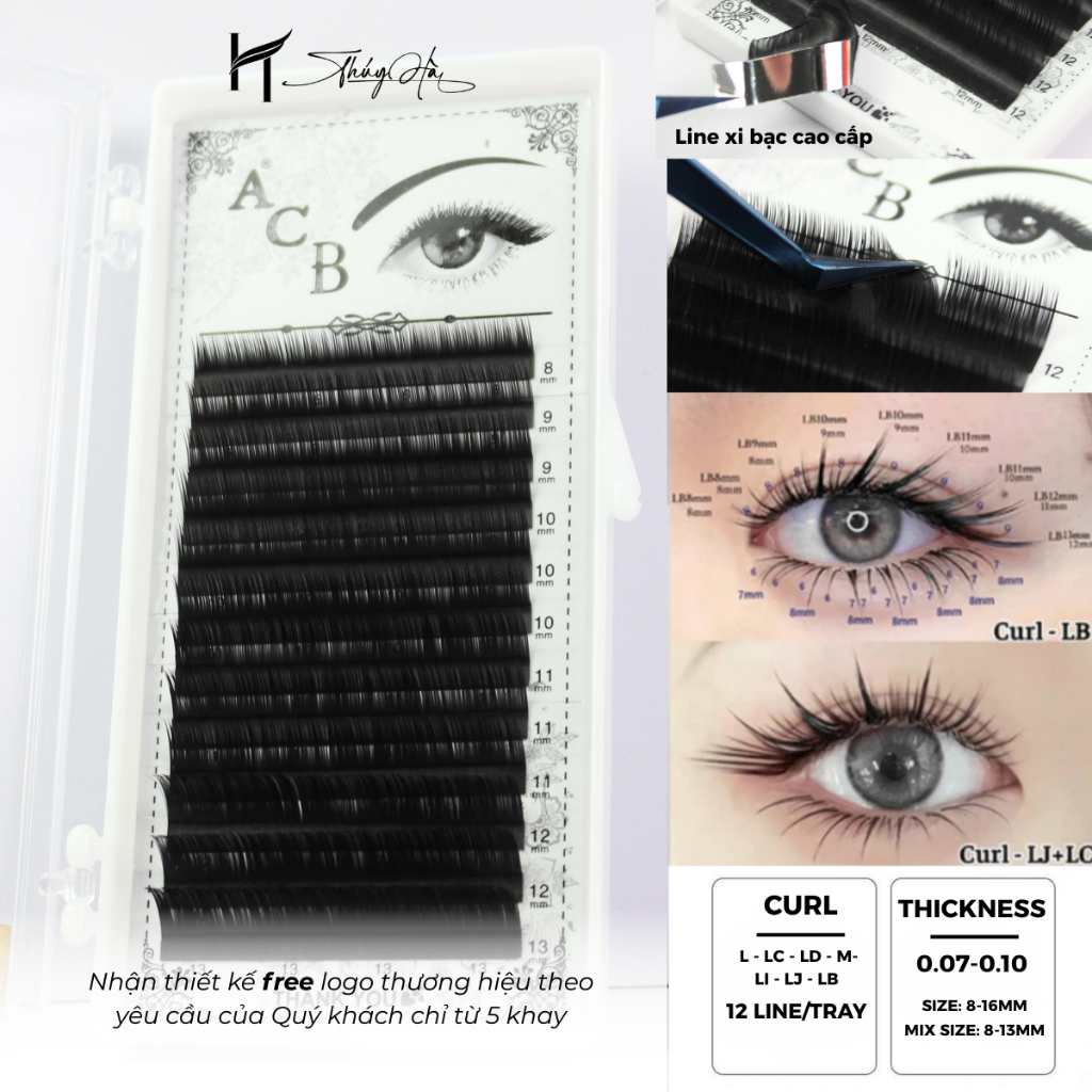 Mi Khay ACB Độ Cong gãy LJ-LB-Li-L-LC-LD-M, Dày 0.07-0.10 Cong Trung Hoa, Lông mi nhân tạo Thúy Hà