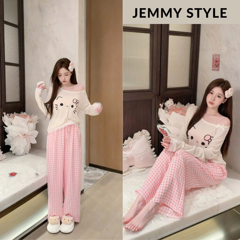 Set đồ ngủ nữ Hello Kitty hồng – áo dài tay cute + quần dài caro form rộng siêu mềm HCOM26847