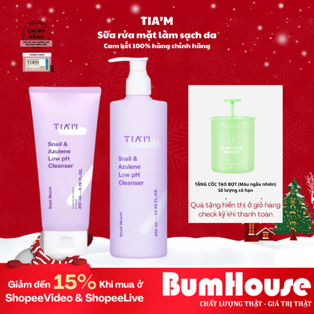 Sữa rửa mặt làm sạch da, cấp ẩm da pH thấp TIAM Snail & Azulene 200ml/400ml | BigBuy360 - bigbuy360.vn