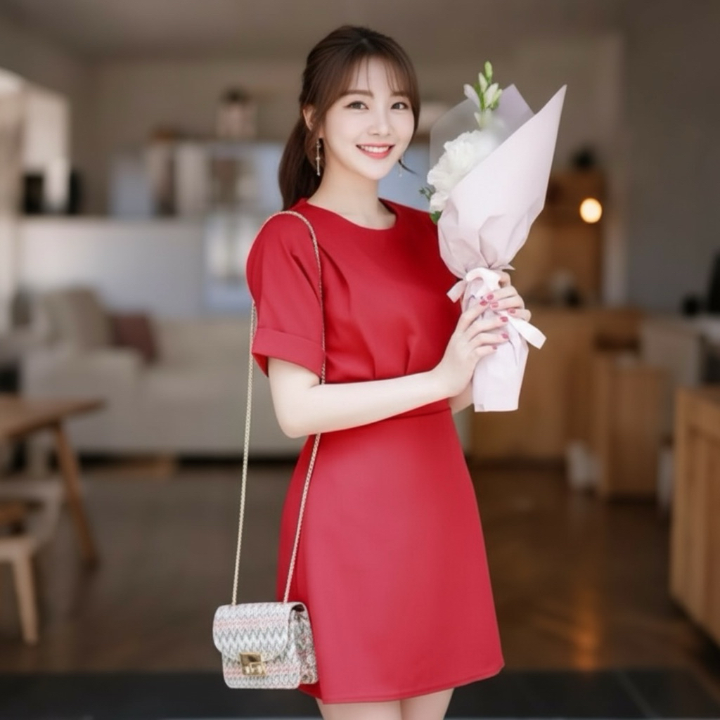 Đầm dự tiệc, váy dạo phố đỏ thun eo 2 màu freesize từ 50-60kg