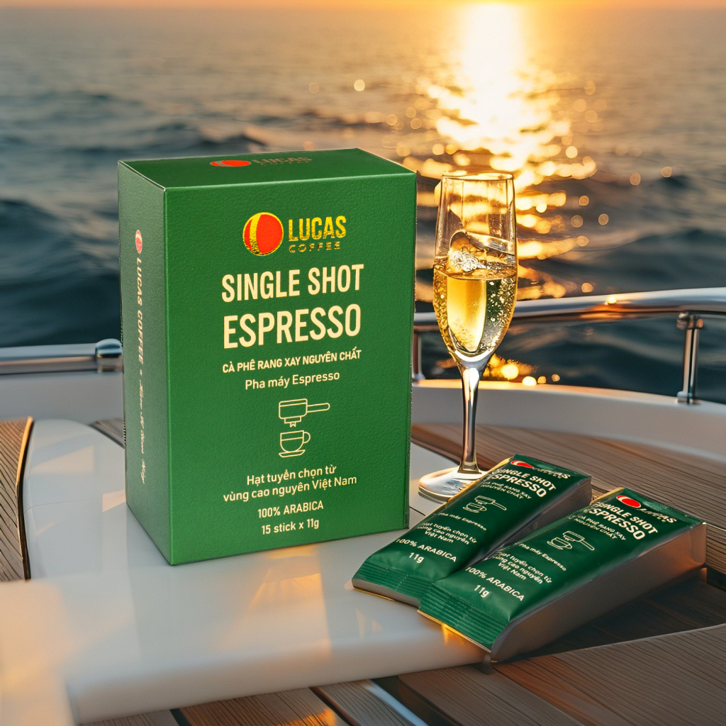 LUCAS COFFEE Cafe rang xay Arabica 11g - Single Shot Espresso - 100% Arabica - Gói stick pha máy