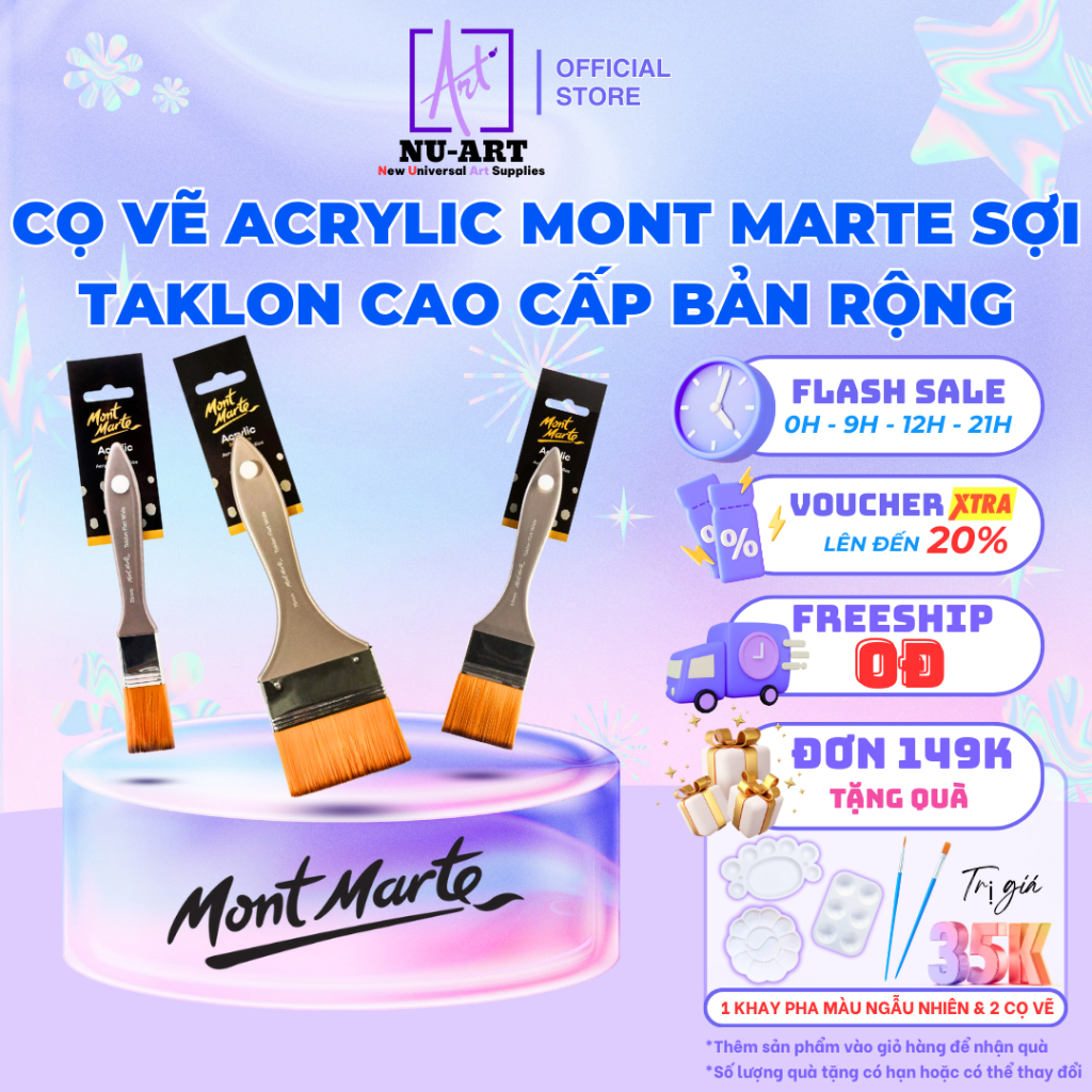 Cọ Vẽ Acrylic Mont Marte Sợi Taklon Cao Cấp – Cọ Bản Rộng Quét Gesso/Glaze/Varnish