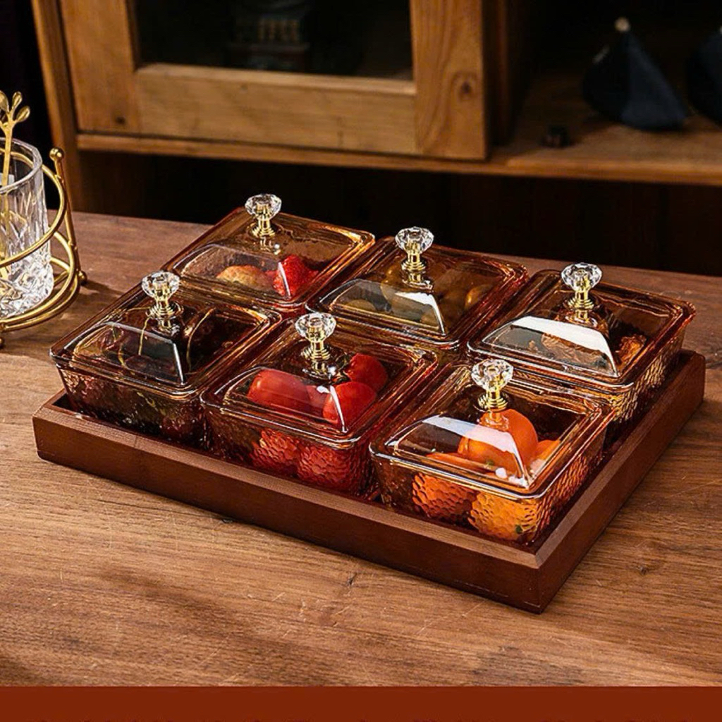 Khay mứt tết, hũ mứt thuỷ tinh khay gỗ