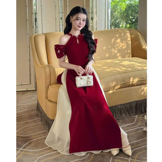  Set áo dài sang trọng thanh lịch màu đỏ diện tết 2026 siêu hot áo dài nhung đỏ cổ yếm rớt vai kèm phụ kiện+chân váy tơ 