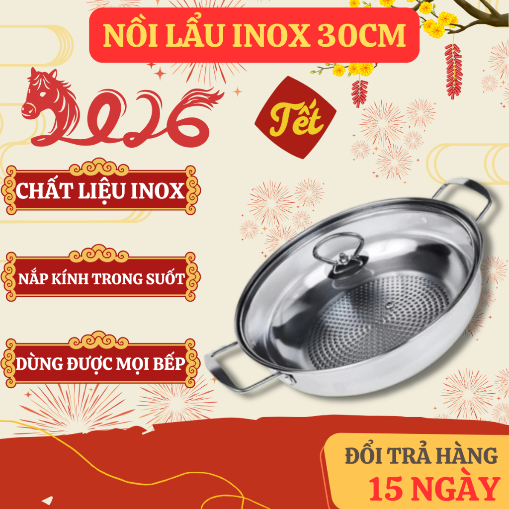 Nồi lẩu NKmedia inox 304 đáy từ 30cm, nồi lẩu inox chống dính dùng cho mọi loại bếp