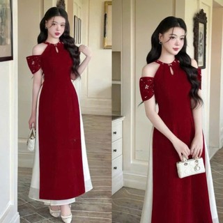  Sét áo dài đỏ truyền thống diện tết 2026 áo dài nhung cổ yếm bẹt vai đính đá kèm hồ điệp phối chân váy tơ xòe dáng dài 