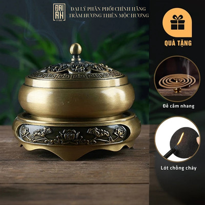 Lư Đồng Xông Trầm Hương Thiên Mộc Hương - Đồng Nguyên Khối (Kèm Lót Chống Cháy, Đế Đôn)