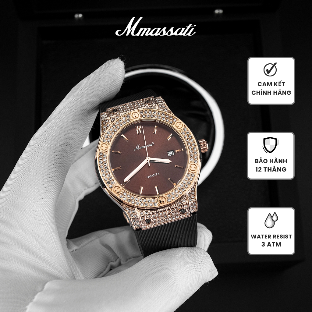 N286 Nâu – Đồng Hồ Nam Mmassati Mặt Nâu Đính Đá Sang Trọng, Viền Vàng Hồng Lấp Lánh, Dây Silicone, M