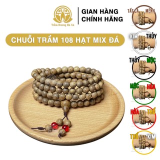  Vòng tay trầm hương chuỗi 108 hạt râu mix đá màu mệnh kim mộc thủy hỏa thổ Trầm Hương Hà Xá 