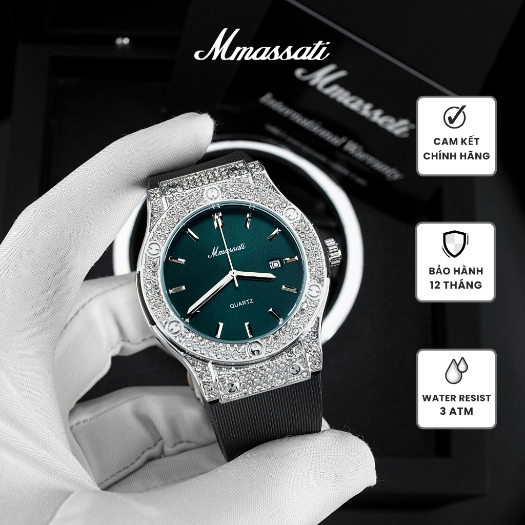 N286 Xanh – Đồng Hồ Nam Mmassati Mặt Xanh Ngọc Đính Đá Sang Trọng, Viền Đá Lấp Lánh, Dây Cao Su Cao 
