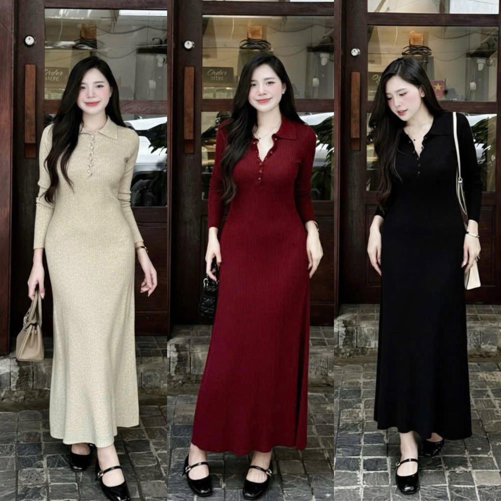 Váy Len Suông Trơn Dáng Bồng Cổ Polo (Hàng QC Loại 1)