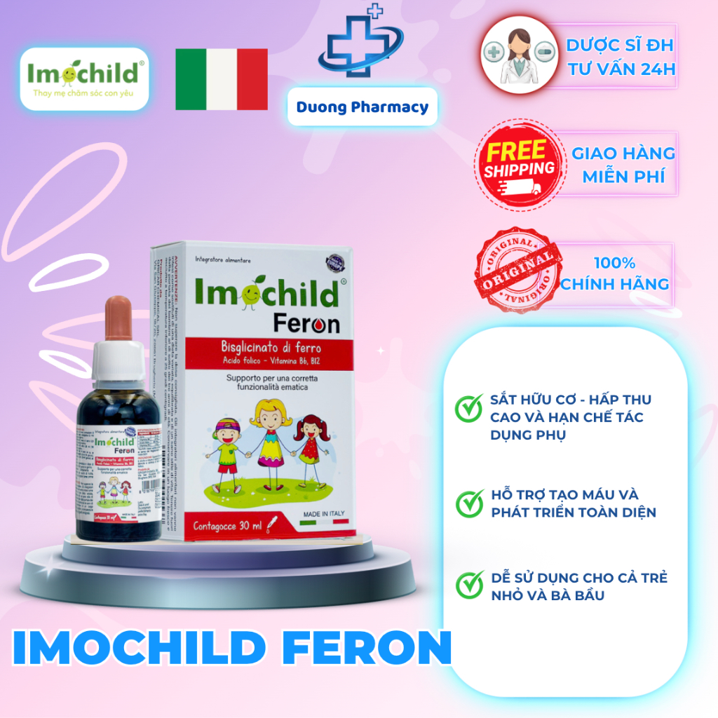 Siro Sắt Hữu Cơ Imochild FERON Vị Chanh Bổ Sung Sắt Amin Vitamin B6 B9 B12 Cho Bé Khỏe Mạnh Lọ 30ml
