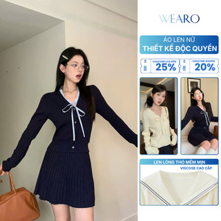  Áo Len Nữ Dài Tay Wearo Cổ V Phối Viền Nơ Có Dây Buộc Phong Cách Tiểu Thư Xinh Xắn - WR19 