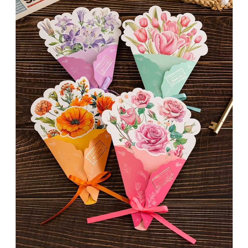 10x20cm Thiệp mừng hình bó hoa 3D thắt nơ lụa xinh xắn có sẵn Đà Nẵng.